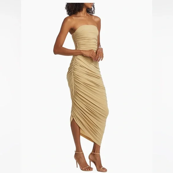 Norma Kamali Tan Asymmetrical Ruched Midi Dress - Picture 5 of 8